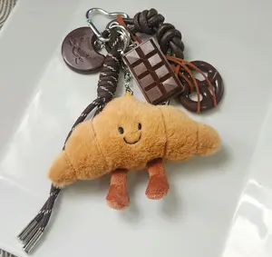 Plush Croissant Bag Keyring Charm Set with Chocolate Bar Heart & Leather Knot Charm Cute Keychain for Purse Handbag Backpack Wallets Luggage Versatile Plush Keychain
