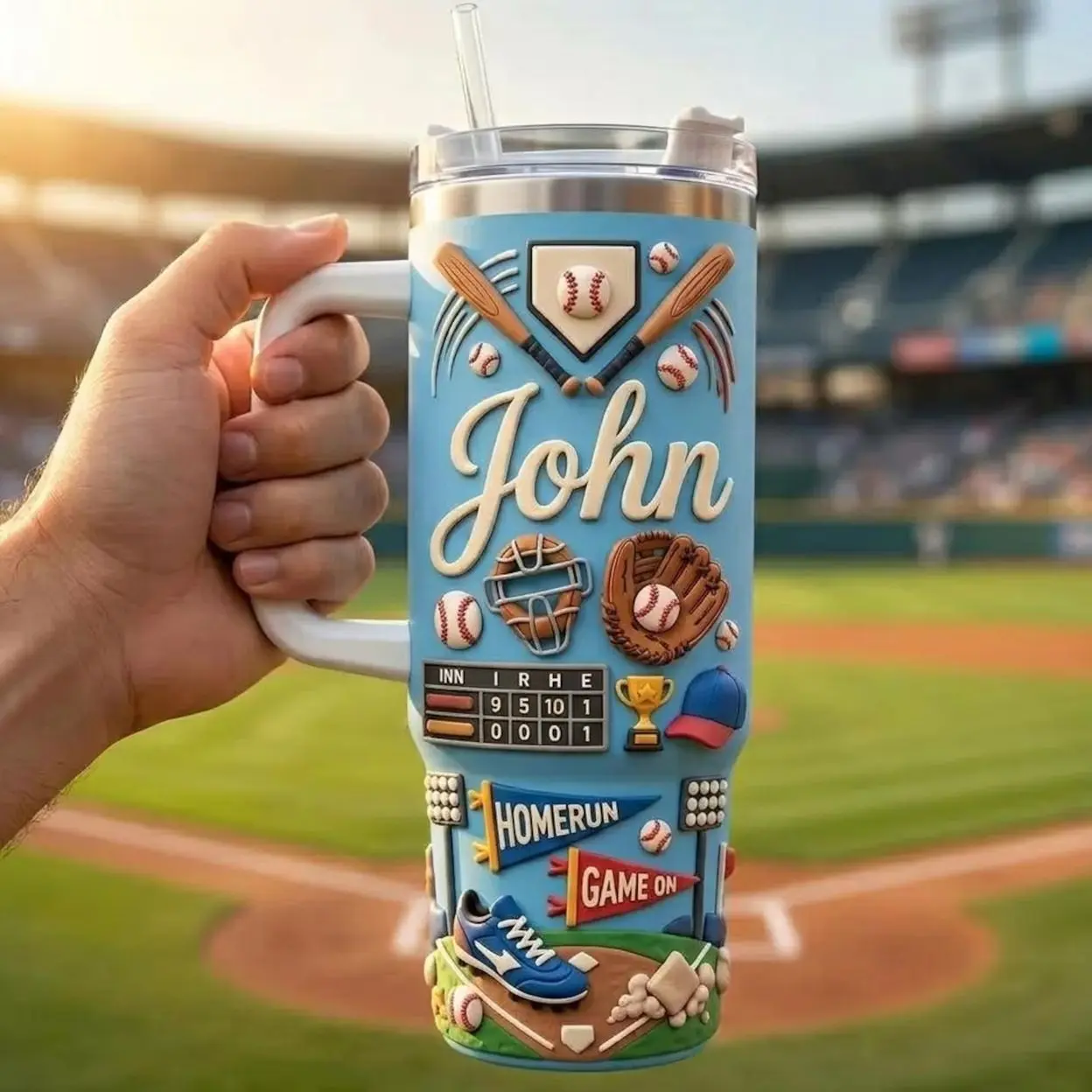 Personalized Baseball Tumbler, Custom Game Day Cup, Sports Fan Gift, Blue Travel Mug