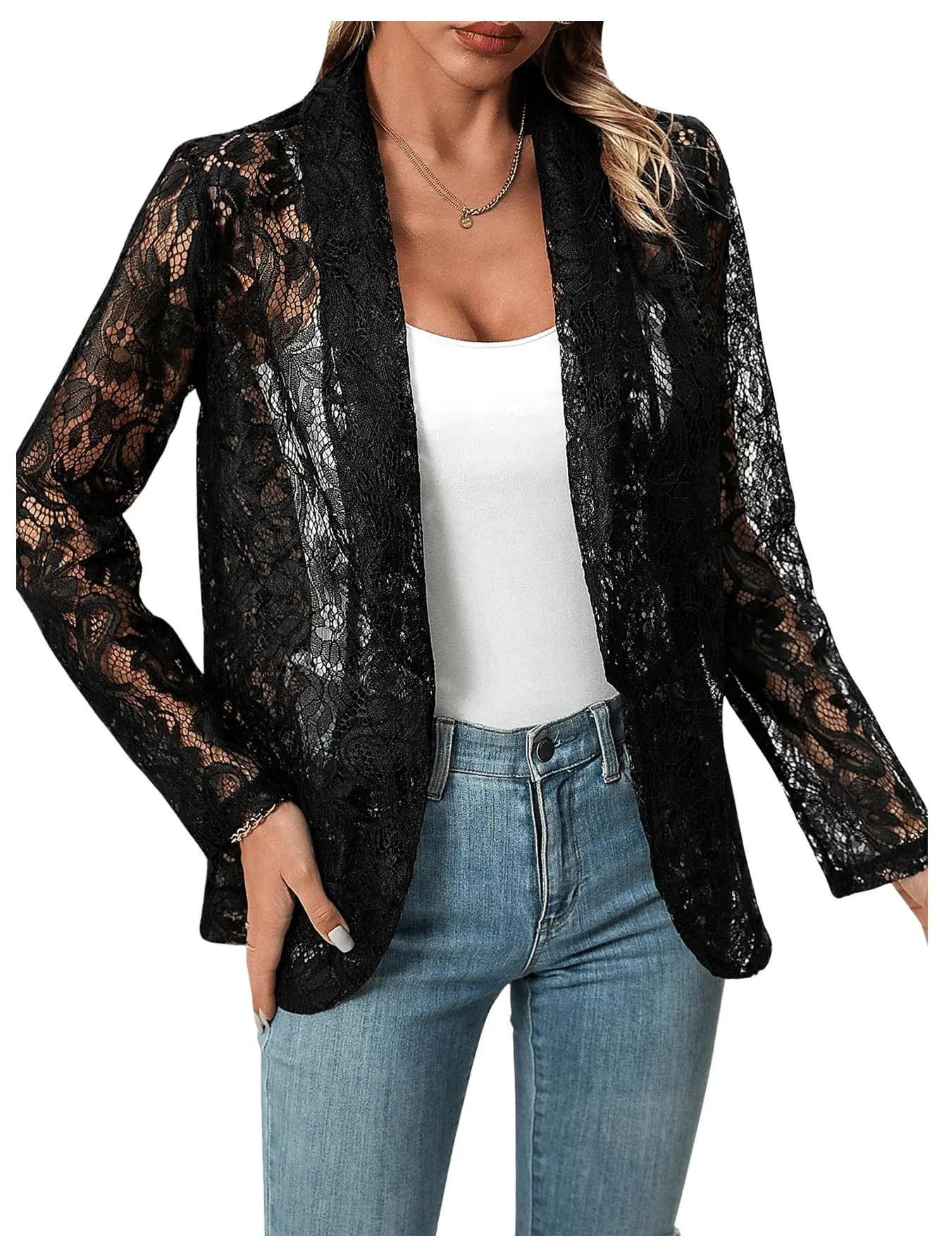 YESFASHION Women's Open Front Sheer Lace Blazer - Long Sleeve Lapel Hollow Out Lightweight Chic Floral Beach Sun Shawl Casual Cardigan Jacket (100% Polyester) XYZ Basic Minimalist
