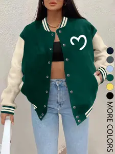 Women's Fall Winter New Fitted Baseball Jacket, Creative Heart Print, Casual Sporty Coat, Comfortable Versatile Outerwear, Multiple Trend Colors