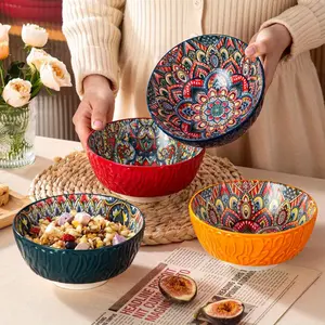 1PC 6.5-inch Bohemian ceramic cereal bowl with floral pattern and ripple design. Multi-purpose for salad, soup, oatmeal, pasta and grains. Ideal for home, restaurant daily use and Christmas gift giving.