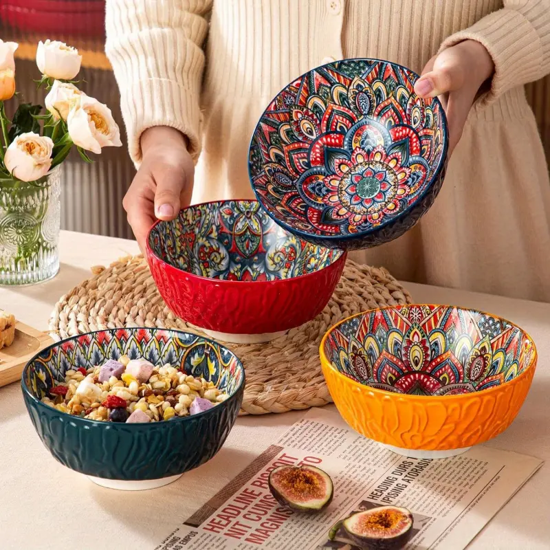 1PC 6.5-inch Bohemian ceramic cereal bowl with floral pattern and ripple design. Multi-purpose for salad, soup, oatmeal, pasta and grains. Ideal for home, restaurant daily use and Christmas gift giving. Ceramics Tableware. Ceramic Salad Bowls