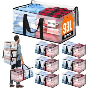 6-Pack Large Moving Bags with Backpack Straps & Strong Zippers, Heavy-Duty Storage Bags Moving Boxes for Space Saving, Dorms, Transport, 93L-25 Gallons, Clear