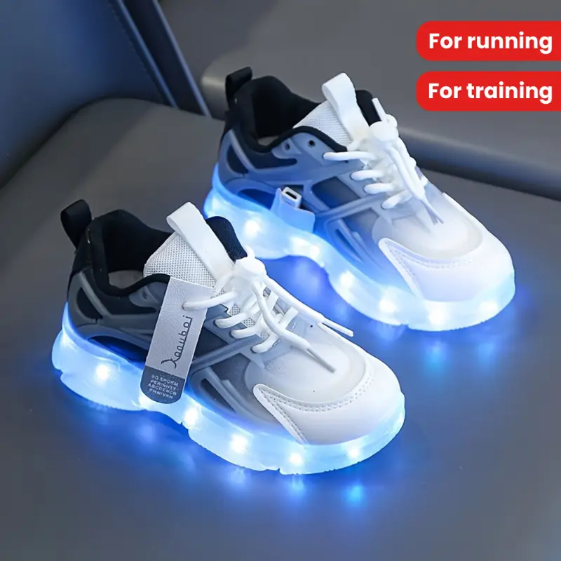 Casual Cool Rechargeable LED Sneakers For Boys, Shock-absorbing Non-slip Running Training, Light Up Sport Shoes