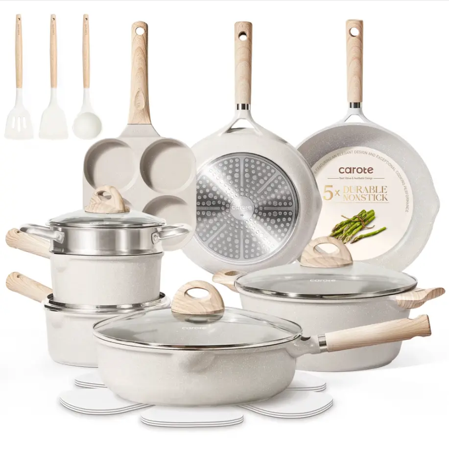 CAROTE 21pcs Pots and Pans Set Non Stick, Cookware Set Induction Ready, Kitchen Cooking Set, Beige