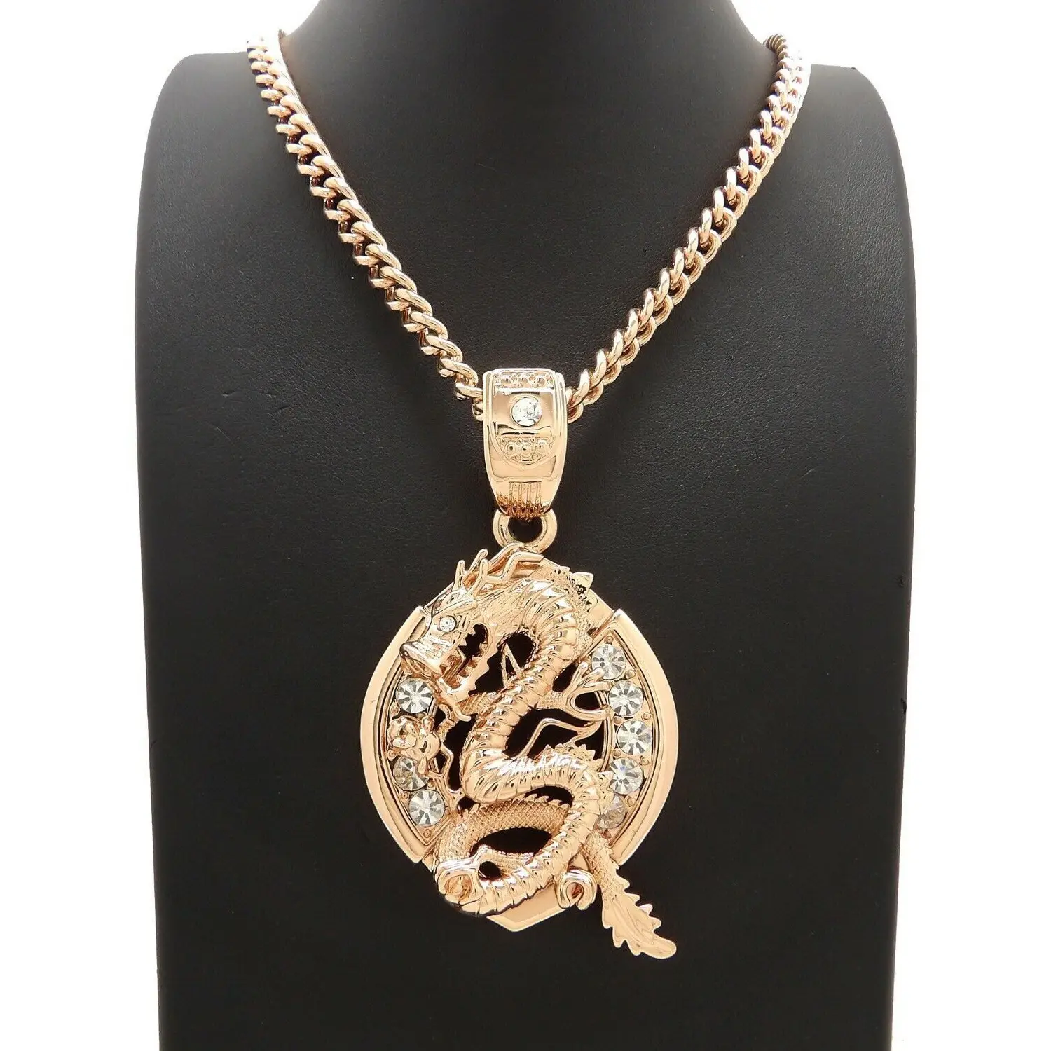 MaxBling81 Unisex Iced Rose Gold-Plated Cubic Zirconia Large Dragon Charm Cuban Necklace - 6mm Polished Finish, 24-30in Chain, Fashionable Jewelry Accessories for Daily Wear, Cuban Necklace Necklaces