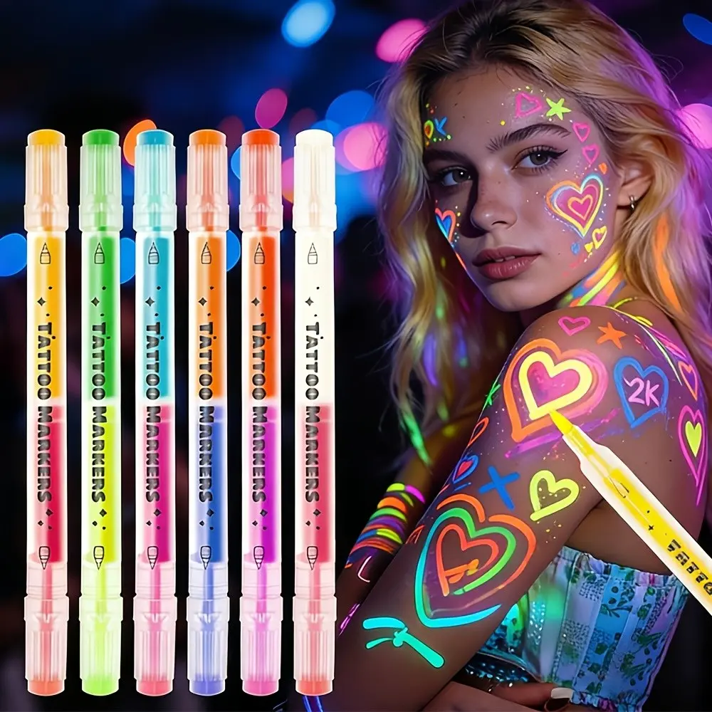 12-Color Dual-Ended Glow-In-The-Dark Liquid Glow UV Neon Face Paint Set, Fluorescent Tattoo Pens, Washable, Quick-Dry, Non-Toxic, Halloween, Party, Body Art, Stage Performance, Glow Body Makeup, Luminous Body