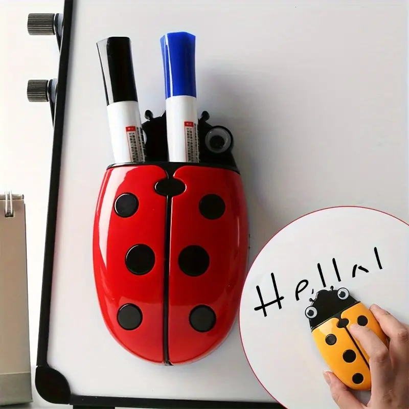 2pcs Ladybug Magnetic Pencil Holder - with Magnetic Base, Dual-Purpose Organizer & Eraser, Holds Pens, Markers, Highlighters Christmas Gift for Teachers, Students, Coworkers