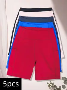 5-Pack Women's High-Waisted Workout Shorts – Tummy Control, Breathable & Quick-Dry with Pockets for Running, Cycling & Fitness,Women's outdoor sports shorts, sportswear, elastic fabric, quick-drying and opaque