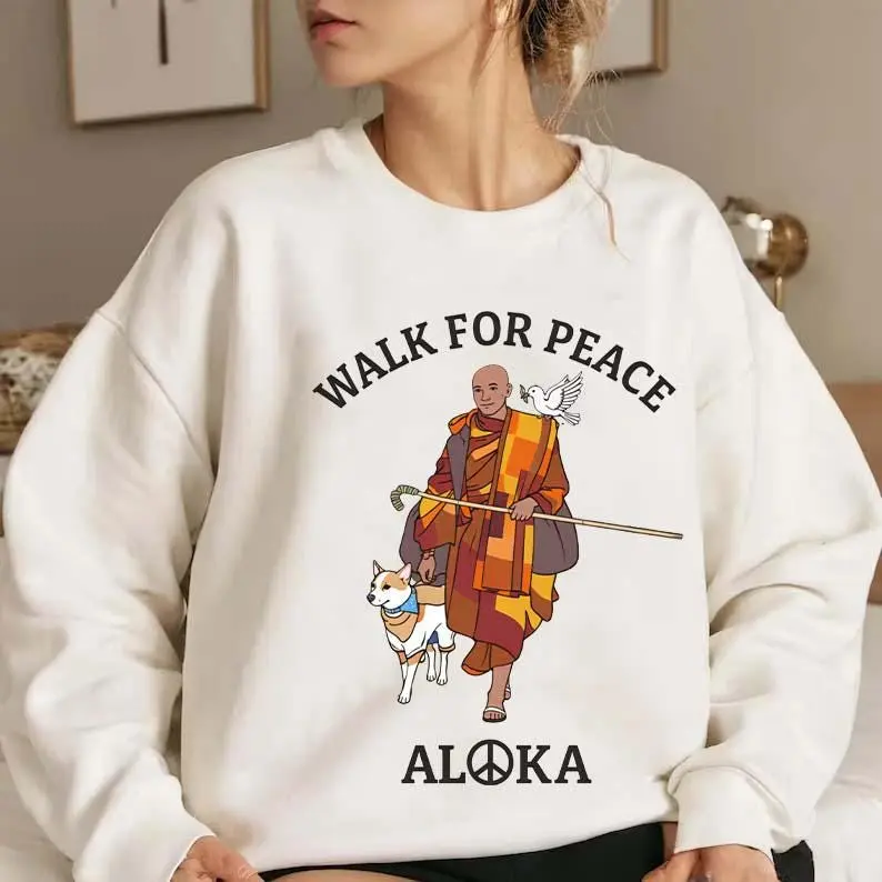 Peace Walking Monk & Aloka Dog Minimalist Zen Art Sweatshirt, Walk For Peace Zen Meditation Shirt, Unisex Sweatshirt