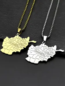 Afghanistan Map Province Name Pendant Necklace for Men Women Stainless Steel Gold Color Ethnic National Geography Chain