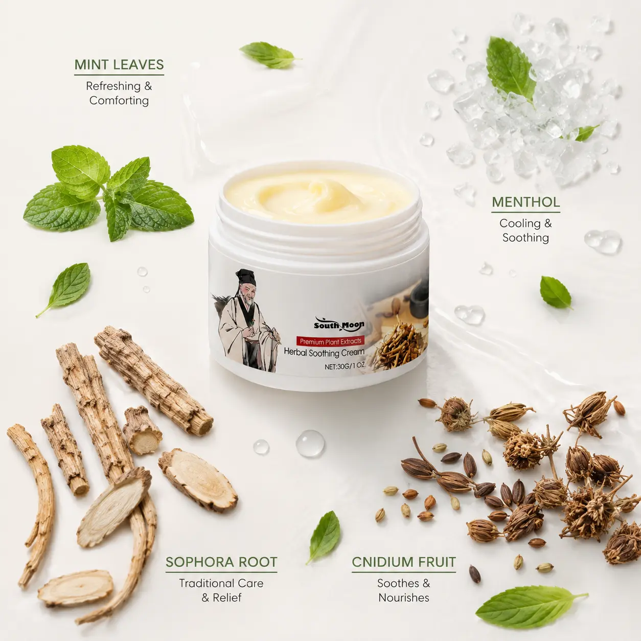 Herbal Soothing Cream, 30g Hydrating Moisturizer with Cooling Mint to Soothe Itch on Dry, Irritated Skin, After-Bite Relief for All Skin Types, Soothes Itch