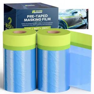 Pre-Taped Masking Film for Painting 2 Rolls - 22" x 66' Painters Plastic Sheeting with Tape and Drape, Drop Cloth for Automotive Home, Protection for Walls Floors Windows Cars