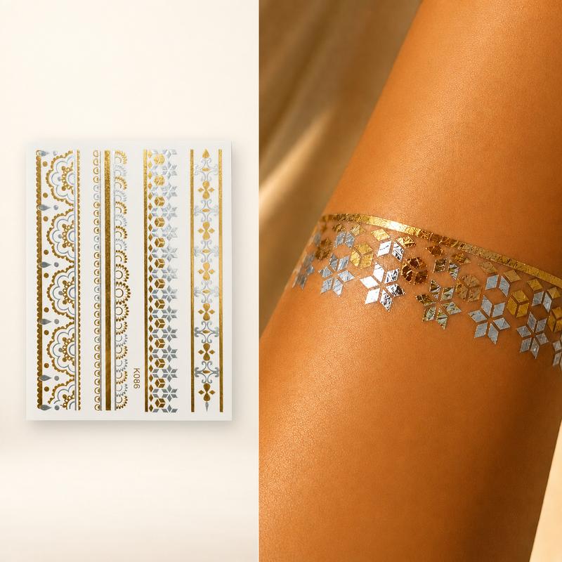 Metallic Flowery Ornamental Band Temporary Tattoo Sheet - Removable Cleansing Oil-Applicable Wrist/Ankle Temporary Tattoo Sheet