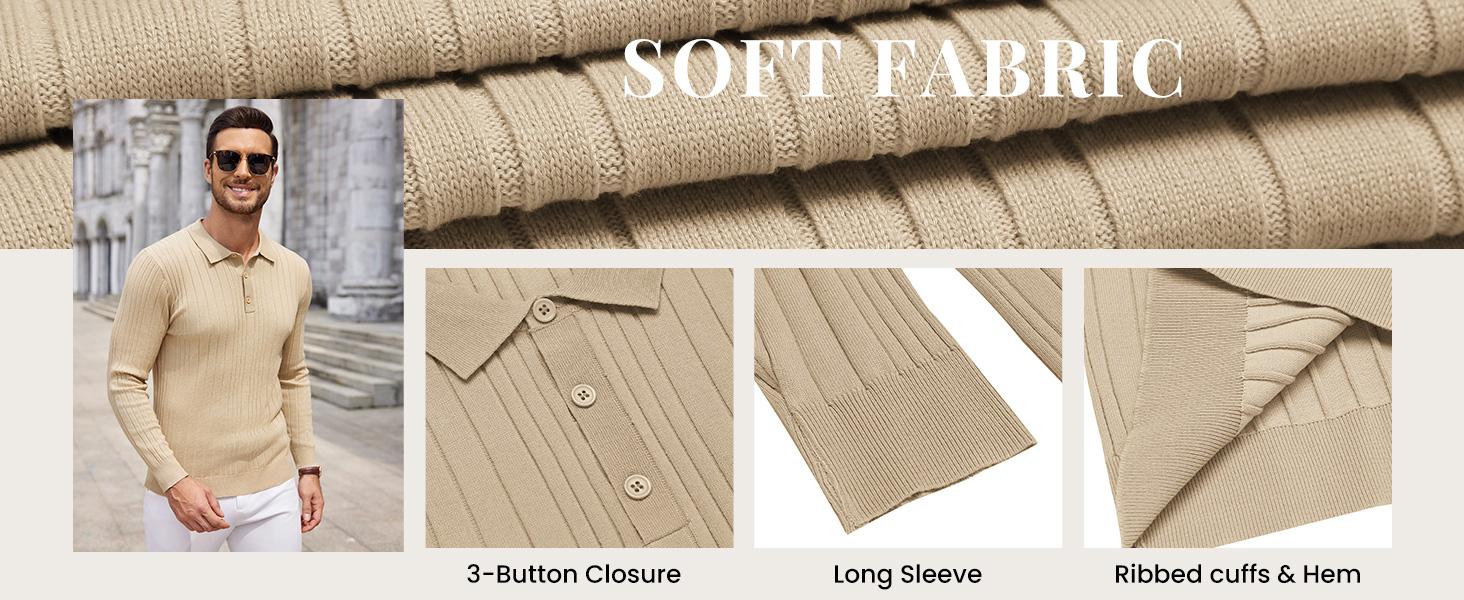 COOFANDY Men's Knitwear Polo Shirts Long Sleeve Casual Button Down Ribbed Polo Shirt Fashion Golf Shirts