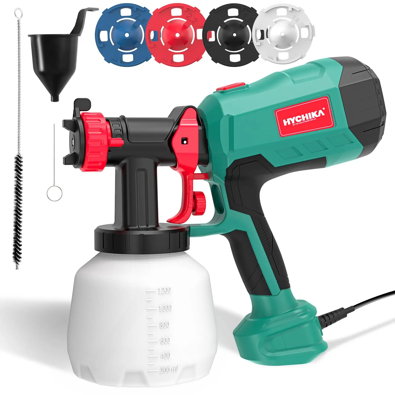 HYCHIKA 600W HVLP Electric Paint Sprayer - 1200ML Tank, 4 Nozzles, 2 Cleaning Tools, 3 Spray Patterns - Paint Spraying Tool for Walls, Ceilings, Fence - Wood Airbrush Kit