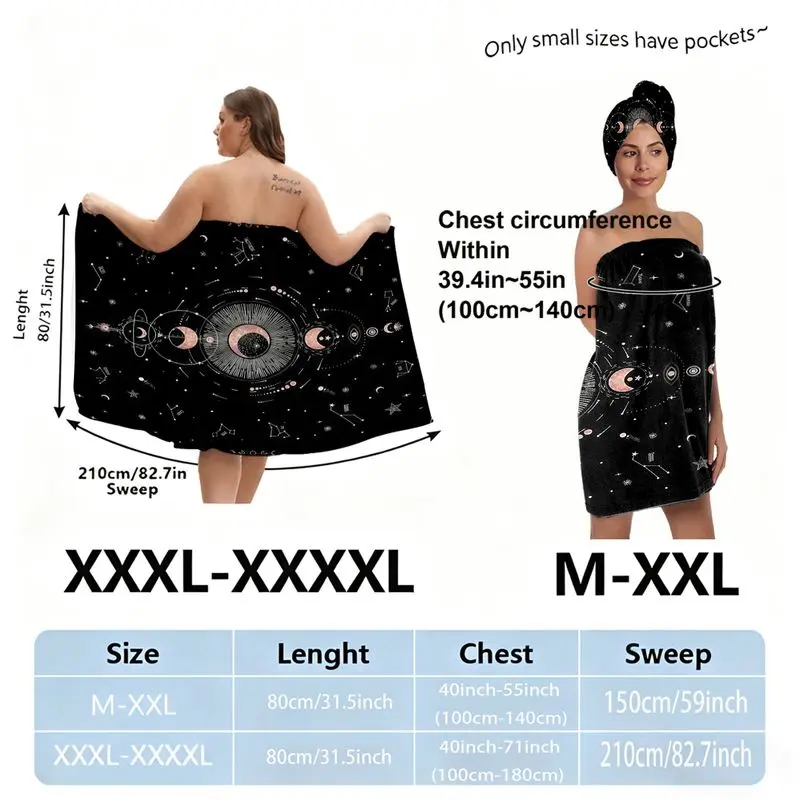 Celestial Galaxy Black Bath Towel Set + Skirt & Headwrap, Towels Set, Star Moon Constellation Eye Design, Adult Toweling Robe with Matching Accessories, Allover Cosmic Pattern, XXL Size Available for Women, Perfect for Spa Festival & Bathroom Decor