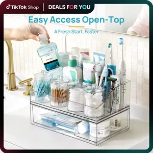 【New Arrival】Vtopmart 6PCS Bathroom Countertop Organizer, 1 Divided Tray with 4 Qtip Holder Jars and 1 Drawers, Restroom Clear Organizers for Toothbrush, Cotton Pads, Vanity Accessories Storage Set, DealsForYouDays (Mid Year Sale Restock), DFYD