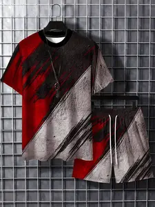 Red-Black Vintage Scratch Spliced Men's Short Sets, Loose Stylish 2-Piece Outfit, Men's Street Retro Style Wear