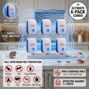 6-Pack Ultrasonic Pest Repeller Universal Plug-in Electronic Insect Control for Ants, Spiders, Fleas, & Mice Silent Whole House Protector