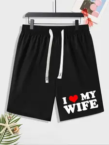 Men's Summer Clothes, Regular Fit "i Love My Wife" Print Drawstring Waist Graphic Shorts, Casual Comfy Breathable Shorts for Daily Outdoor Wear, Men's Bottoms for Summer, Menswear, Sports Clothes, Activewear