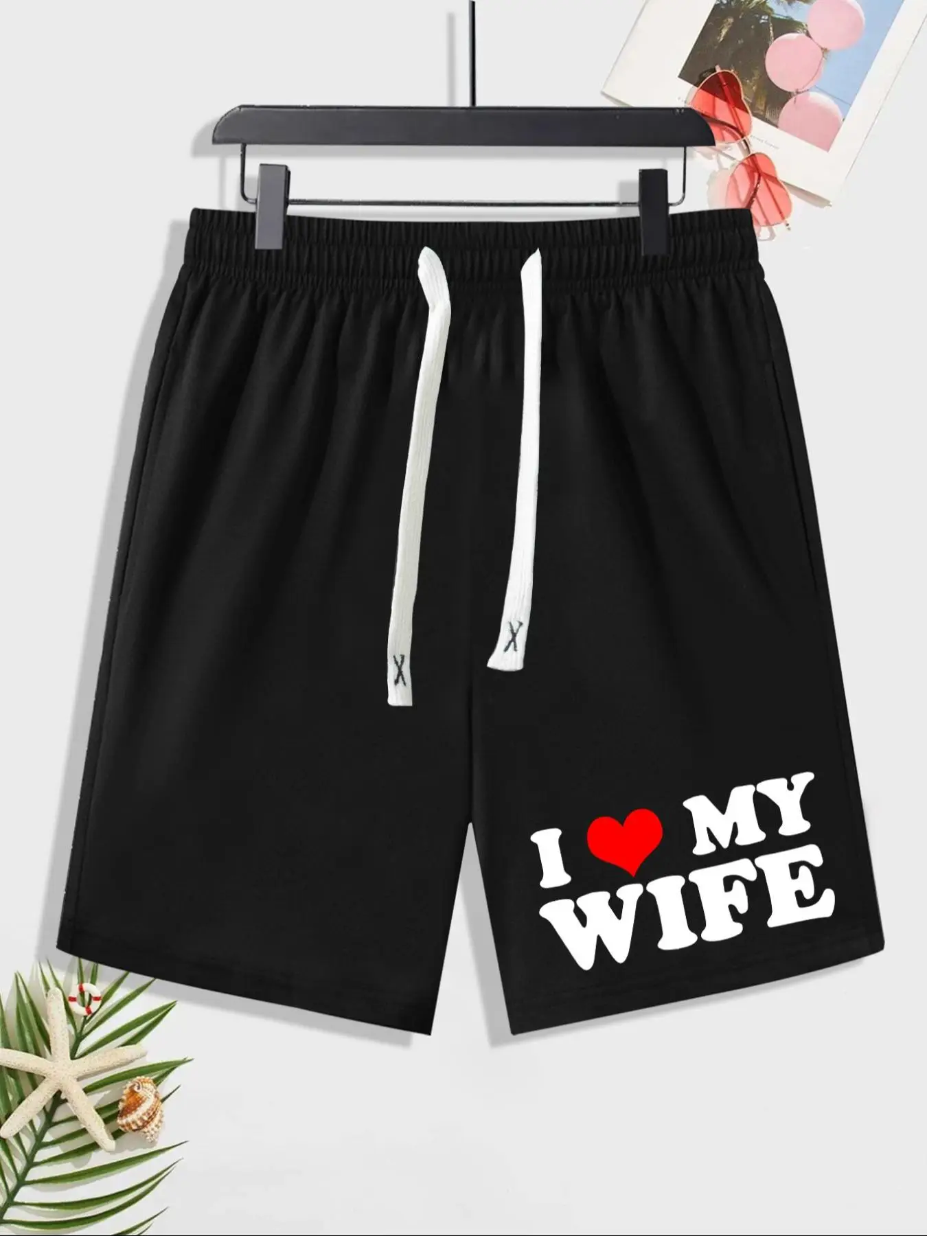 Men's Summer Clothes, Regular Fit "i Love My Wife" Print Drawstring Waist Shorts, Casual Comfy Breathable Shorts for Daily Outdoor Wear, Men's Bottoms