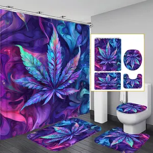 1pc/4pcs 2D Flat Maple Leaf Pattern Multi-Color Background Shower Curtain, Modern and Personalized Home Bathroom Art Decoration, Shower Curtain Set with 12 Hooks, Bathroom Non-Slip Mat, Toilet Seat Cover, Holiday Decoration