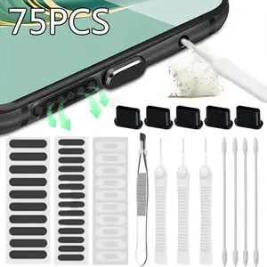 75pcs/pack Mobile Phone Charging Port Cleaning Kit For Iphone, For IPad, IOS, For Samsung,  C-Type Speaker Dustproof Mesh Stickers Cleaning Set