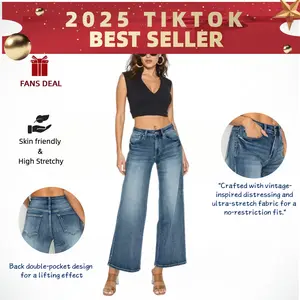 PREJEAN Women's Mid Rise Stretch Wide Leg Jeans Dark Wash Fashion Casual Denim '90s Pants Go With Everything Stretchy Zip-Up Trousers All Seasons Super Stretch Fabric - Womenswear - Wideleg Basic Bottom