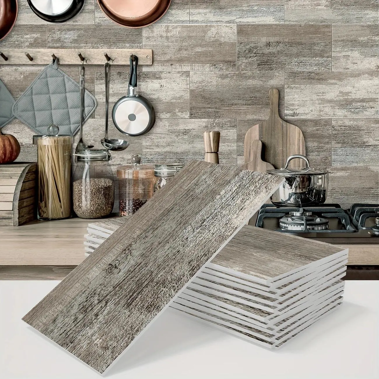 Wood Grain Pattern Wall Sticker, Self-adhesive Vintage Decorative Wall Tile Sticker, Waterproof Bathroom Sticker, Kitchen Backsplash, Stick On Backsplash, Wall Art Stickers