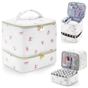 Embroidered Nail Polish Storage Bag, Bow Print Manicure Tool Organizer, Holds 30 Bottles and Nail Lamp, Elegant Simple Design, Valentine's Gift