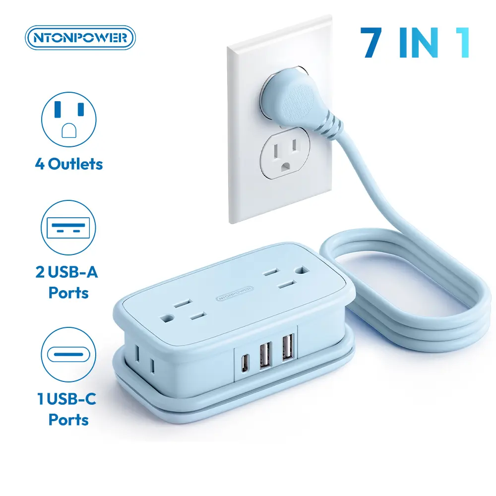 NTONPOWER 7-in-1 Travel Power Strip - Cruise-Approved Flat Plug, 4 Outlets, 2 USB-A, 1 USB-C, 4ft Wrapped Extension Cord for Hotel, Camping (Home Improvement Electrical Socket Accessory)