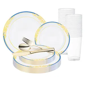 White with Blue and Gold Harmony Rim Plastic Wedding Value Set