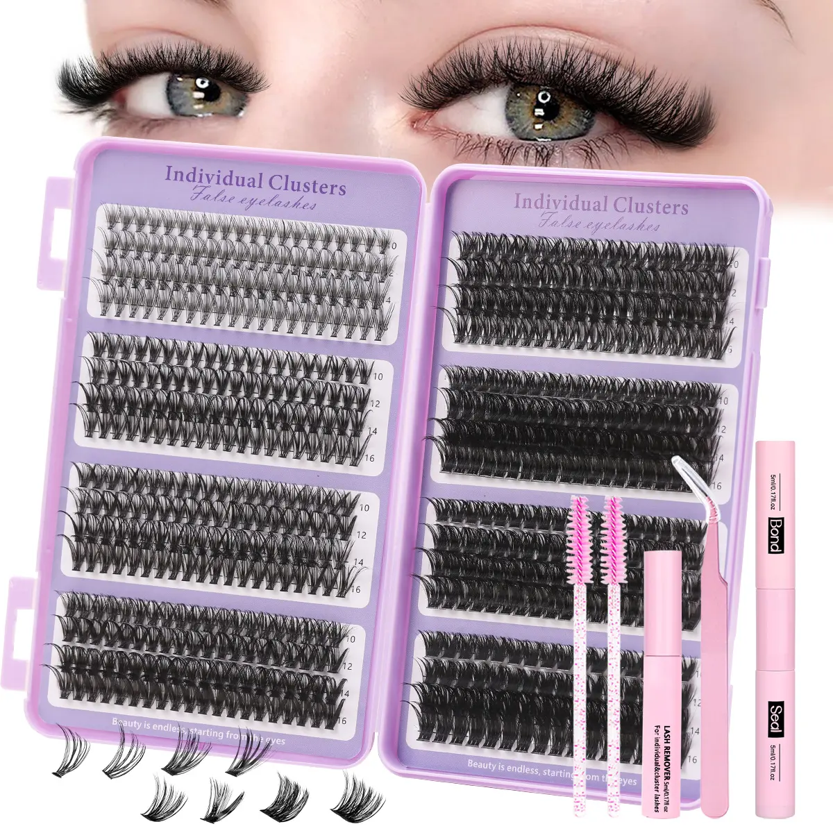 Mixed Eyelash Cluster Set, 640pcs Lash Extensions 10-16mm D Curl Fluffy Thin False Lashes, 20D-120D DIY Large Capacity with Bond& Seal& Tweezers& Brush, DIY Individual Lashes, Eyelash Clusters Kit, False Eyelashes Clusters