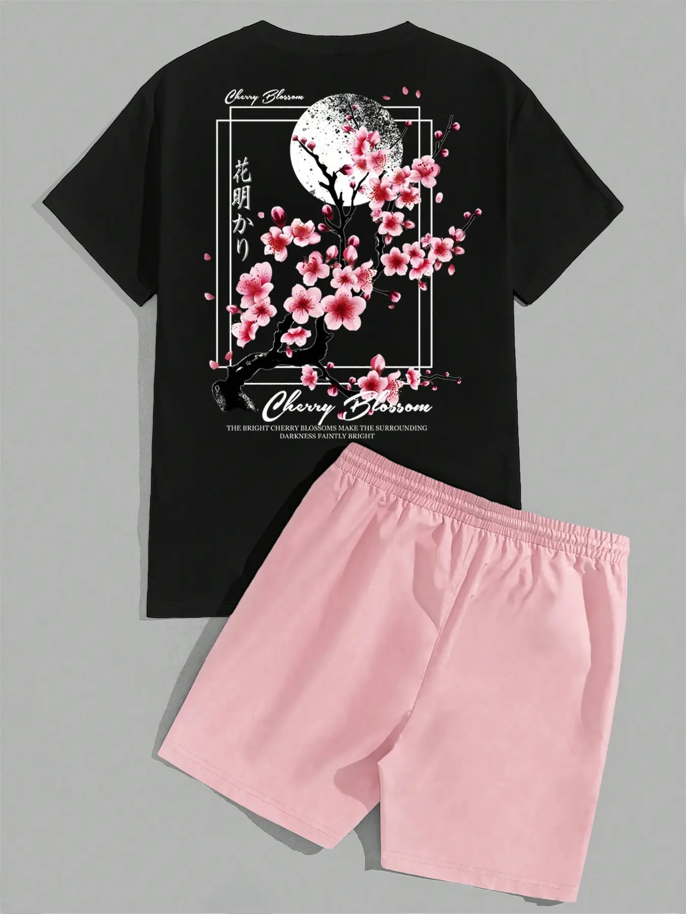 Men's Japanese Cherry Blossom Graphic Tee and Shorts Set, Casual Fashion Print, Top, Bottom, Sports Gym Outdoor School Style