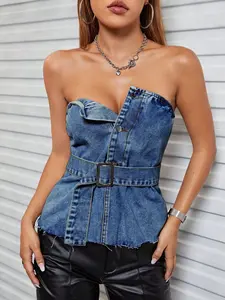 Poly Cotton Fabric Buttoned Raw Hem Tube Denim Top for Stylish Looks