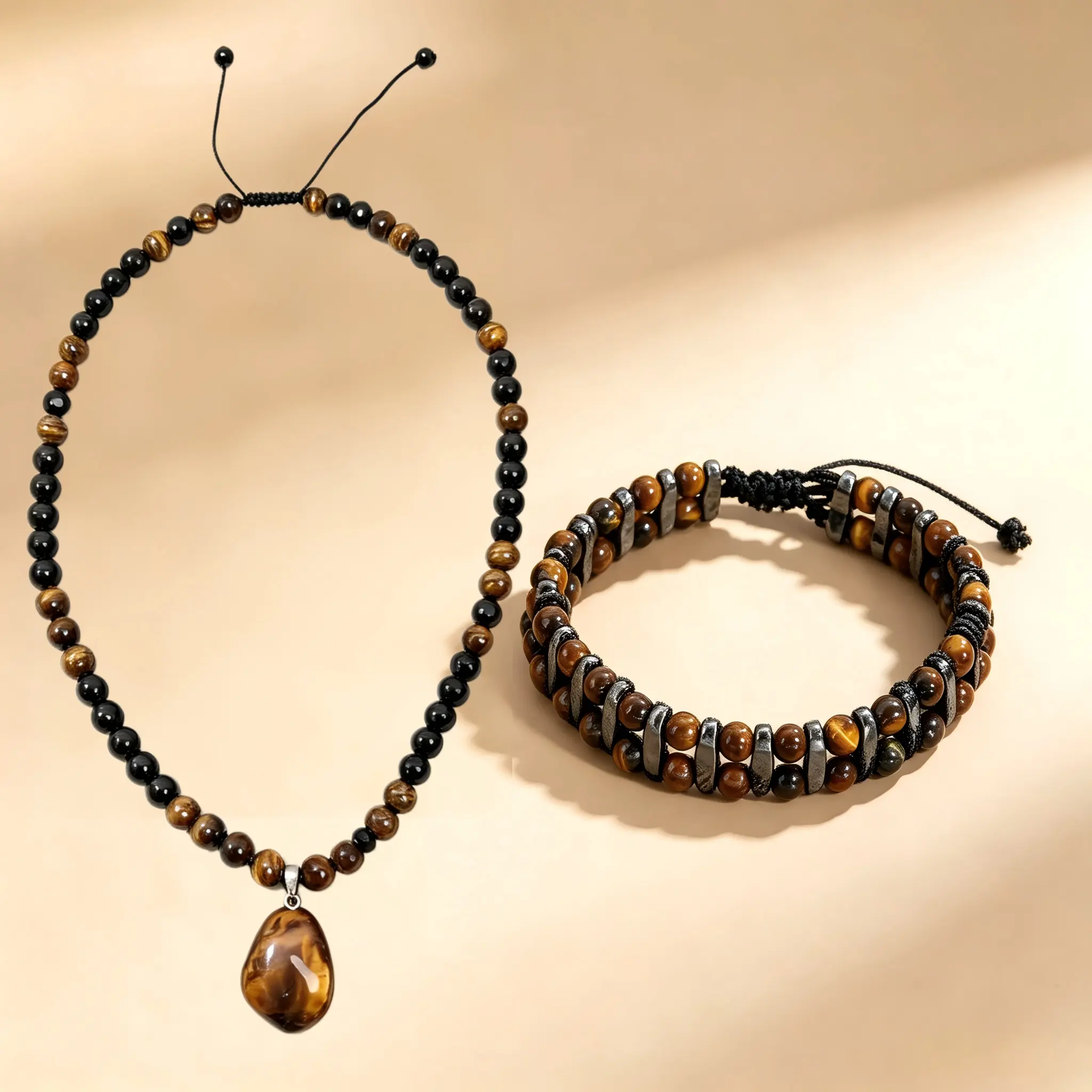 Natural Tiger’s Eye Stone Bracelet & Pendant Necklace Jewelry Set, Powerful Energy Healing Crystal Accessories For Men Women, Boost Positive Energy, Release Negative Vibes, Manifest Wealth & Confidence Daily Spiritual Wear