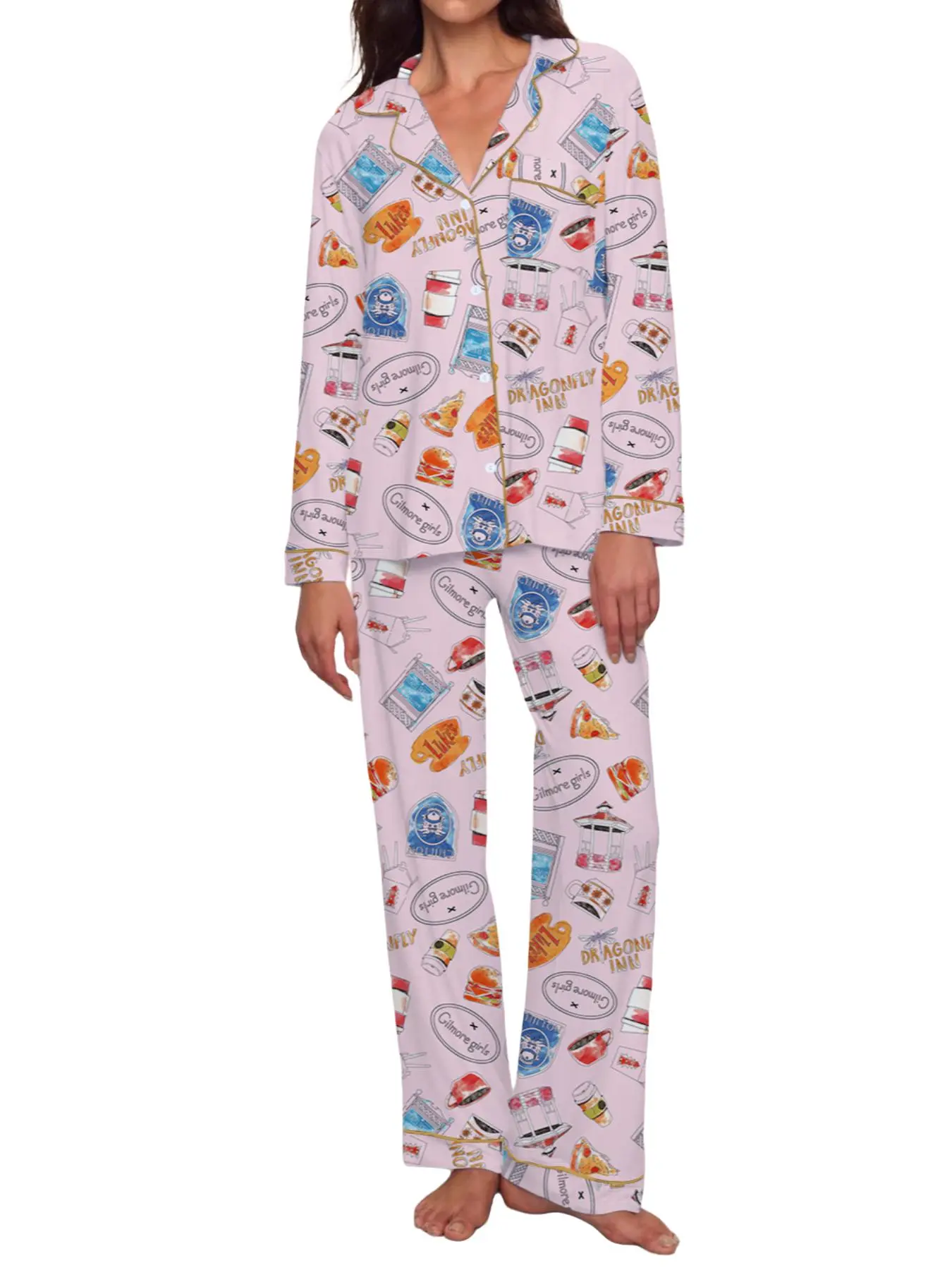 Gilmore Girls Matching Pajamas Set Pjs, Women'sCozy Fleece Loungewear Nightwear, Long.Sleeve Top ,Elastic Waist Pants, Cute Graphic Stars Hollow ThemedChristmas Gift