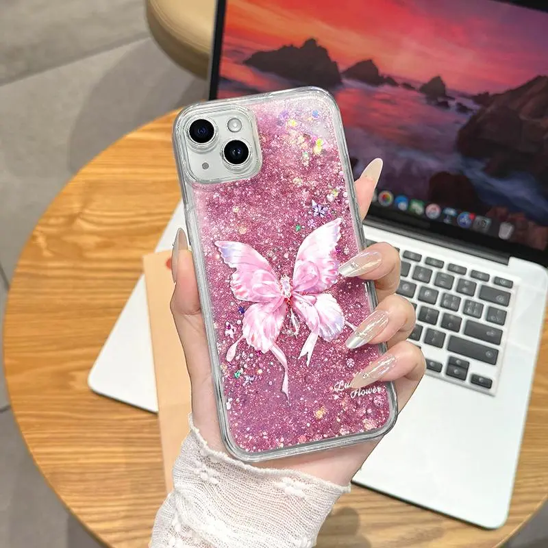 Suitable for [iPhone 14] Viral Rhinestone Bow Butterfly Liquid Quicksand Glitter Phone Case, Soft Shockproof TPU Aesthetic Girly Cover, y2k glam style, 3 Sparkle Color Options -JS996