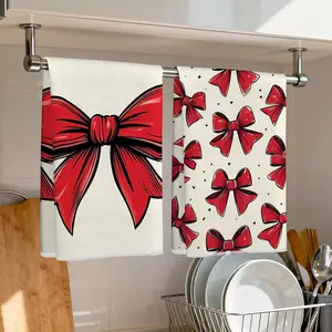 2pcs Red Bow Pattern Microfiber Kitchen Towels, Absorbent Dish Towels, 40x60cm, Single Side Print, Dishwashing, Hand Drying, Party Decor, Holiday Gift