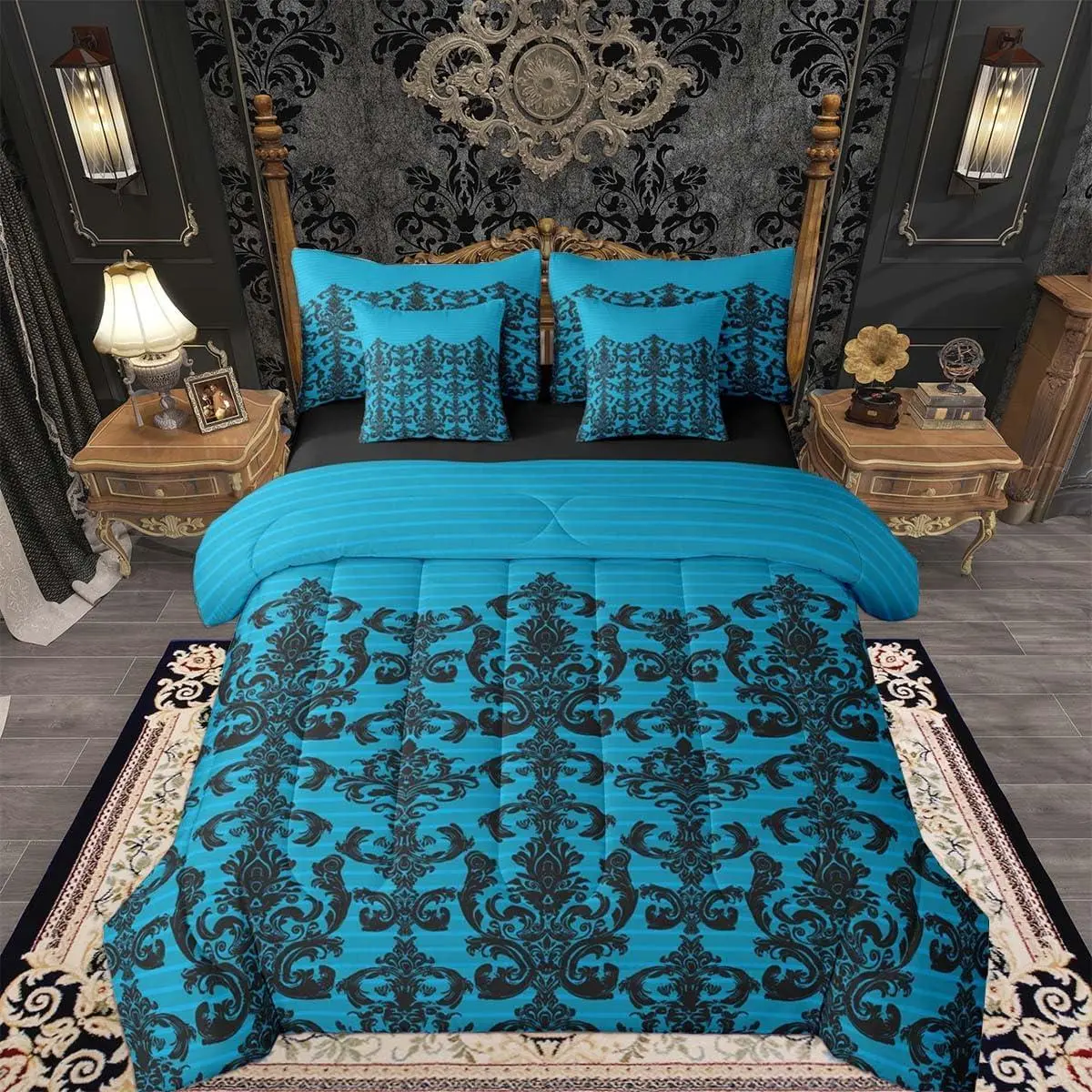 Gothic Damask Comforter Set 7 Pieces Gothic Teal Blue Floral Damask Bedding Set Boys Girls Antique Victorian Baroque Bed in a Bag with Comforter,Sheets,Pillowcases,Cushion Covers