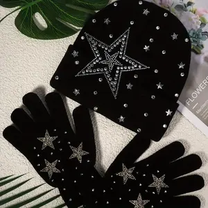 A Set of Star Rhinestone Decorated Women Acrylic Woolen Knitted Hat and Gloves Suit-Elastic, Breathable Knitted Hat and Gloves, Hand Wash/Dry Cleaning, Embroidery Craft-Unisex, Daily Outdoor Use