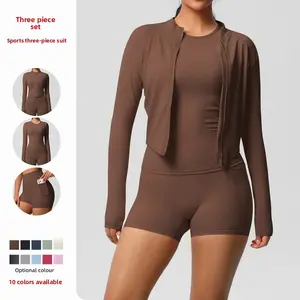 New Cloud-Feel Brushed Long-Sleeve Sports Zipper Jacket Running Butt-Lifting Fitness Yoga Outfit Three-Piece Set for Women