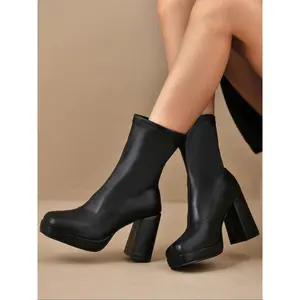 Women's Black Platform Comfortable High Heel Boots ?C Waterproof Chunky Heel Square Toe Minimalist Stretch Ankle Boots, Stylish Fall/Winter Slim Fit Faux Leather Boots, Street Style Booties, Perfect for Christmas and Valentine's Day Gifts