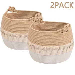 Small Woven Storage Basket, 2pack Cotton Rope Decorative Storage Hamper (for Diapers, Blankets, Clothes, Toys, Magazines), Cute Tassel-Accented Nursery Decor Piece, Home Storage Container Bin Flowers laundry basket