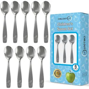 9 Piece Stainless Steel Kids Spoons-Child and Toddler Safe Flatware-Kids Utensil Set-Metal Kid Cutlery Set, Dinner Spoon Set for Dessert-Includes a Total of 9 Small Spoons