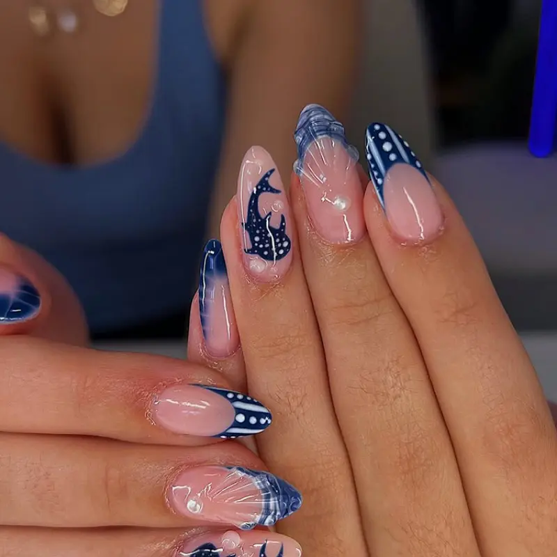 24pcs Long Almond Fake Nails, Bare Base + Ocean Theme Nail Art, Reusable, Beginner Friendly, Includes Jelly Glue & File, Nail Art Set, Almond Nail Tips, False Nails