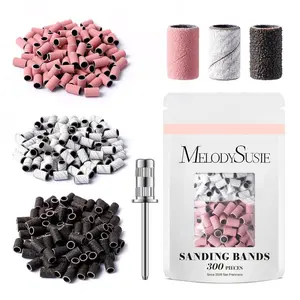 MelodySusie 300 Pcs Sanding Bands with Mandrel,120 Medium, 180 Fine, 240 Extreme Fine Grit, E-File Sand Piece Nail Drill Bits Set for Acrylic, Gel Removal, Manicures and Pedicures