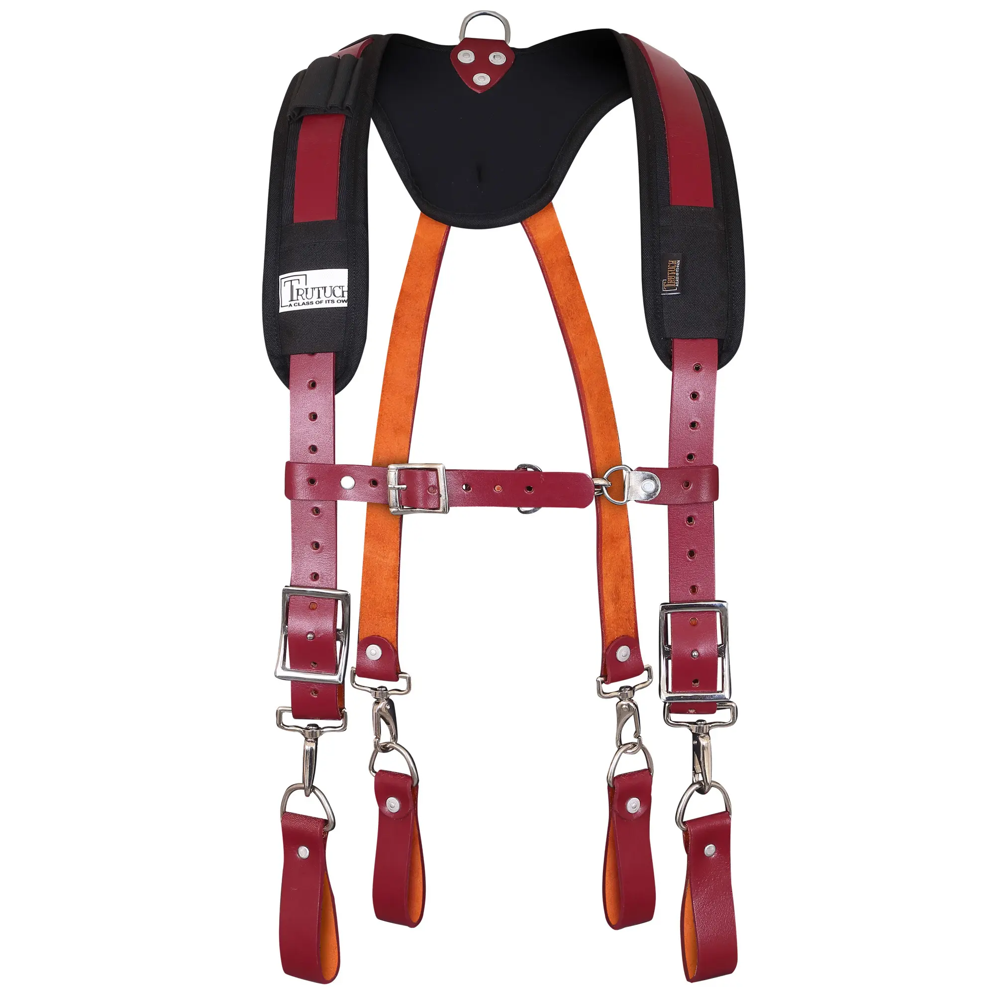 Trutuch Maroon Leather Work Suspenders With Pockets | Adjustable Padded Leather Tool Belt Suspenders | Carpenter | Construction | Handyman