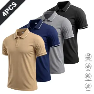 Menswear Men's Short-Sleeve Color-Block Polo Shirts, 4-Pack Sportswear Tops with Stripes, Breathable Skin-Friendly Fabric, Classic Collar & Contrasting Cuffs, Slim Ergonomic Stylish Fit, Suitable for Tennis, Golf